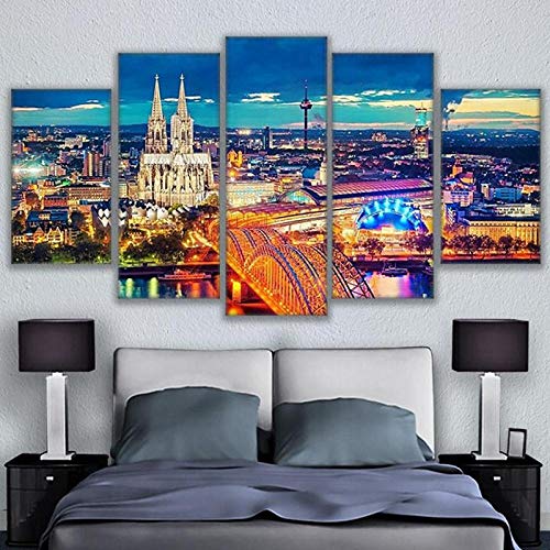 Bzeesovs® 5 Piezas De Arte De Pared 150X100Cm Iglesia, Ciudad Noche Luz Puente Paisaje Cartel 5 Murales Pintura Al Óleo Decoración del Hogar Dormitorio -Pintura Familiar Moderna Impresión De Arte De