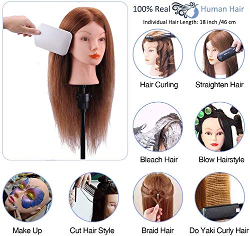Cabeza de Maniquí, TopDirect 18" 100% Cabello Humano Real Practicas Formación Muñeca de la Cosmetología para Peluquería, Cabeza de Muñeca con Soporte de Mesa + Accesorios de Peinado