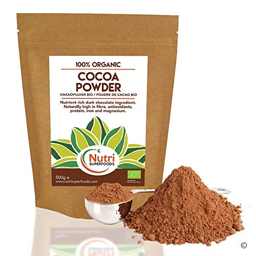 Cacao en Polvo Orgánico - Vegano, Ingrediente de chocolate oscuro puro - Sin azúcar e Ideal para hornear, chocolate caliente y batidos - 500g