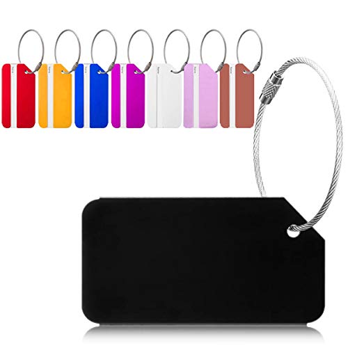 CAILI Etiquetas para Equipaje, 8pcs Identificador de Maletas de Etiqueta de Aluminio Plano Patrón Equipaje Bolso ID Tag Portatarjetas con Llavero- Etiquetas Fuertes de Aluminio con Cables de Bloqueo