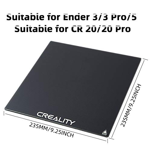 Cama de Vidrio Creality Ender 3,Plataforma de Impresora 3D Mejorada para Creality Creality Ender 3,Ender 3 Pro,Ender 5,CR-20, CR-20 Pro Cama Calefactada Placa de Vidrio de Borosilicato, 235x235x4 mm