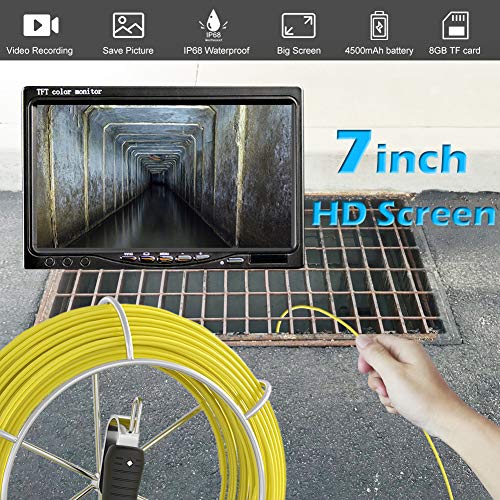 Camara Inspeccion Tuberías 20M, Cámara de Alcantarillado con Función DVR Endoscopio Industrial de Tuberías Cámara de Boroscopio de Drenaje Equipado con Monitor LCD de 7" 1000TVL CCD Tarjeta SD de 8GB