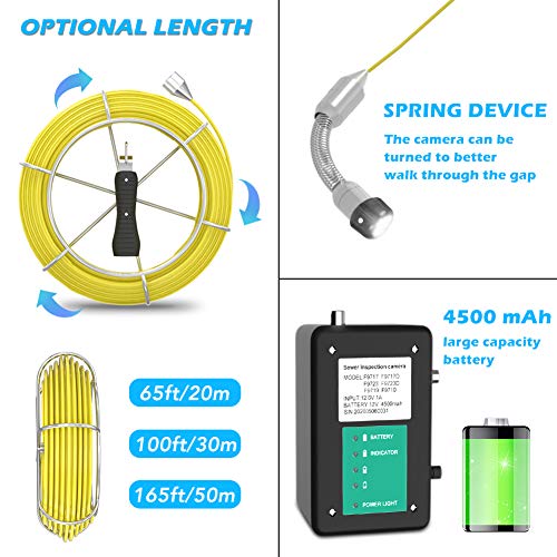 Camara Inspeccion Tuberías 20M, Cámara de Alcantarillado con Función DVR Endoscopio Industrial de Tuberías Cámara de Boroscopio de Drenaje Equipado con Monitor LCD de 7" 1000TVL CCD Tarjeta SD de 8GB