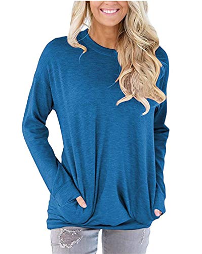 Camiseta De Mujer Color SóLido Bolsillo De Manga Larga OtoñO E Invierno Top con Cuello Redondo