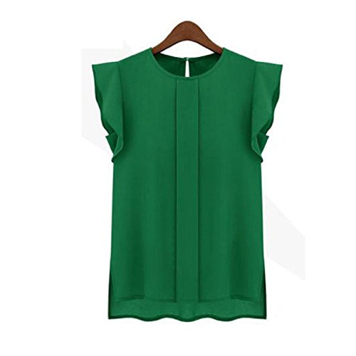 Camisetas Sin Mangas Mujer SHOBDW Verano Playa Mar Sexy Cuello Redondo Blusa Corta Informal Casual Suelto Gasa Volante Fruncido Sólido Puro Camisas De Chaleco para Mujer(Verde,M)