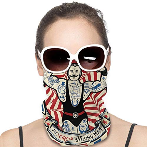 cap hat Outdoor Headband Head Scarf Scarf Neck Gaiter Face Bandana Scarf Circus Decor Nostalgic Icon The Strong Man with Tattoos and Muscles Circus Star Fun Art Print Beige Red Blue