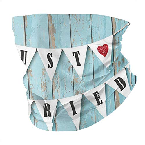 cap hat Outdoor Headband Head Scarf Scarf Neck Gaiter Face Bandana Scarf Wedding Decorations Just Married Letters On Triangular Flags Hanged On Blue Wooden Door Blue Black Red