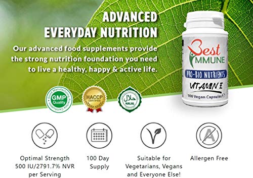 Cápsulas de Vitamina E con fórmula mejorada 100% natural 500UI 100 vegano cápsulas hechas sin maltrato animal