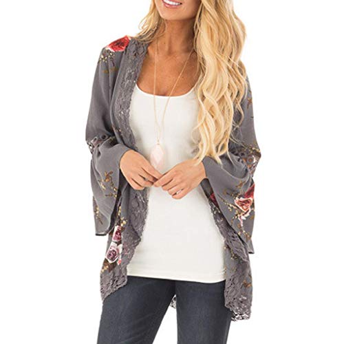Cardigans Mujer Flores 2019 Nuevo SHOBDW Pareos Casual Cardigans Mujer Kimono Manga 3/4 Tops Blusa Camisa de Protección Solar Verano Cover Up Playa Mujer(Gris,XXL)
