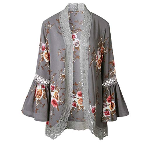Cardigans Mujer Flores 2019 Nuevo SHOBDW Pareos Casual Cardigans Mujer Kimono Manga 3/4 Tops Blusa Camisa de Protección Solar Verano Cover Up Playa Mujer(Gris,XXL)