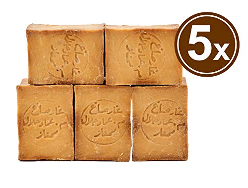 Carenesse Jabón de Alepo Paquete de 5 900-950 g, 80% de aceite de oliva y 20% de aceite de laurel, receta tradicional, cortada a mano, jabón natural, jabón de pelo barba piel manos afeitarse
