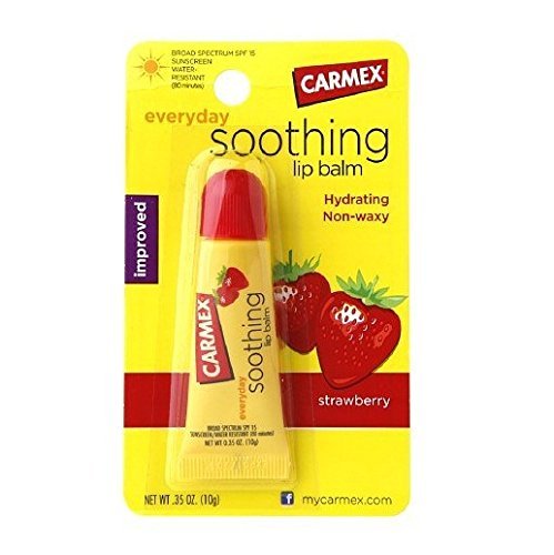 Carmex – Bálsamo para Labios – Alivio de larga duración para los labios secos y gercées – Sabor de Fresa – Tubo de 10 ml (lote de 12)
