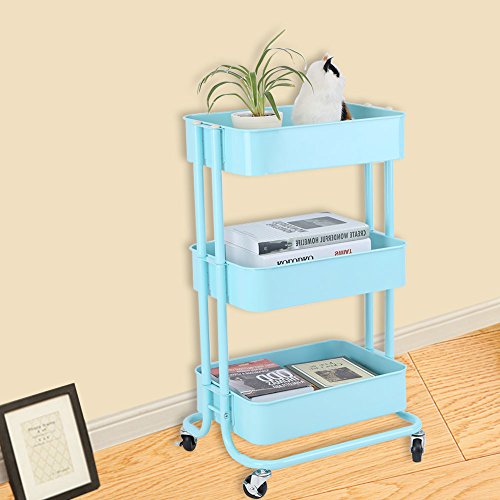 Carrito Bandejas de Malla Metálica con Ruedas, Estante de Almacenamiento Carretilla Carro 3 Alturas Estantería Organizador Soporte Rack para Cocina Baño Oficina Salón Restaurante (Verde)