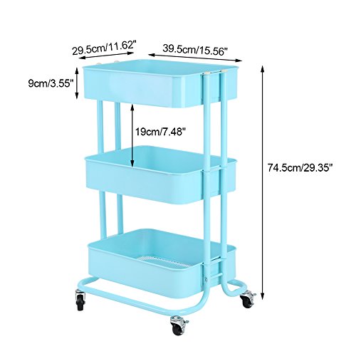 Carrito Bandejas de Malla Metálica con Ruedas, Estante de Almacenamiento Carretilla Carro 3 Alturas Estantería Organizador Soporte Rack para Cocina Baño Oficina Salón Restaurante (Verde)