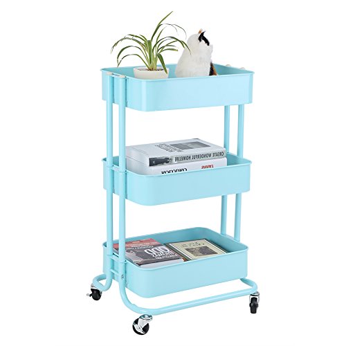 Carrito Bandejas de Malla Metálica con Ruedas, Estante de Almacenamiento Carretilla Carro 3 Alturas Estantería Organizador Soporte Rack para Cocina Baño Oficina Salón Restaurante (Verde)