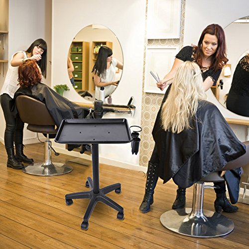 Carro de peluquería con ruedas de aluminio para salón de belleza con 2 tazas y 1 anillo de metal con cinco pies de rueda libre para salones, tiendas, sanitarios y dentistas, color negro