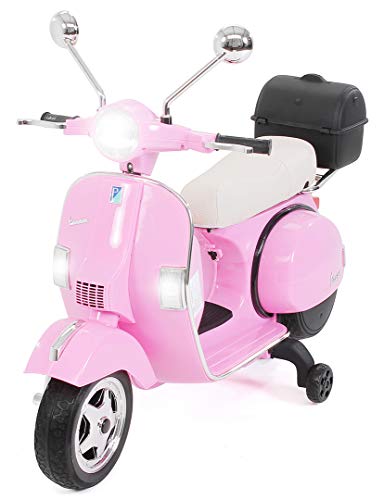 CARS12V Moto ELÉCTRICA para NIÑOS Vespa Licencia Oficial 12V, Asiento DE Cuero, PORTAMALETAS, 2 Motores 35 W (Rosa)