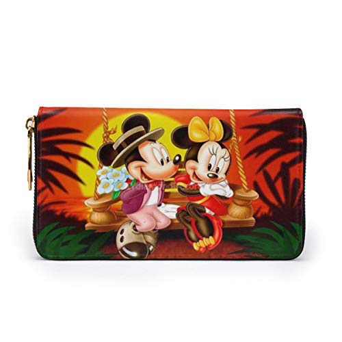 Cartera de piel auténtica de Mickey Minnie, de alta calidad, con cremallera, monedero, monedero largo, paquete de tarjetas para hombres y mujeres