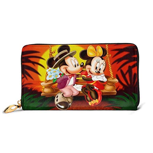 Cartera de piel auténtica de Mickey Minnie, de alta calidad, con cremallera, monedero, monedero largo, paquete de tarjetas para hombres y mujeres
