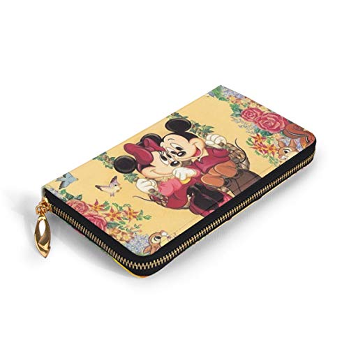 Cartera de piel auténtica de Mickey Minnie, de alta calidad, con cremallera, monedero, monedero largo, paquete de tarjetas para hombres y mujeres