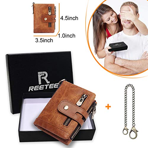Cartera Hombre Monedero de Cuero con RFID Bloqueo Billetera Piel Hombre y Monedero con Cremallera, Billeteras Bifold Hombres 16 Ranuras para Tarjetas Carteras para Hombre con Cadena (Marrón Claro)