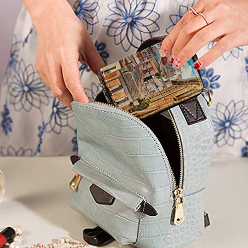 Carteras de Tarjetas de crédito Coloridas Calles de España Edificios Ciudad de Cuenca Monedero con Tarjeta de crédito Cuero de la PU Cremallera Alrededor Monedero de tamaño Compacto Titular de la Tar