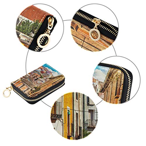 Carteras de Tarjetas de crédito Coloridas Calles de España Edificios Ciudad de Cuenca Monedero con Tarjeta de crédito Cuero de la PU Cremallera Alrededor Monedero de tamaño Compacto Titular de la Tar