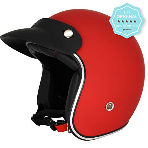 Casco de Vespa original de Fresulein Irmi Retro con visera solar, para hombre y mujer en aspecto vintage, calidad según la norma ECE, color rojo mate (M)