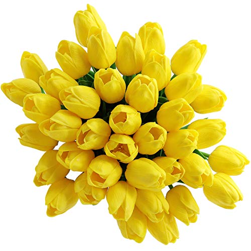 CattleyaHQ Flores de tulipán Artificiales, 10 Piezas de Tulipanes Reales con Hojas, decoración para Banquete de Boda Nupcial, Mesa de Cocina para el hogar (Amarillo)