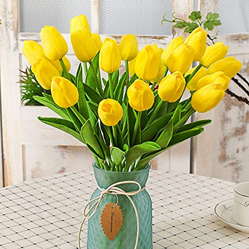 CattleyaHQ Flores de tulipán Artificiales, 10 Piezas de Tulipanes Reales con Hojas, decoración para Banquete de Boda Nupcial, Mesa de Cocina para el hogar (Amarillo)