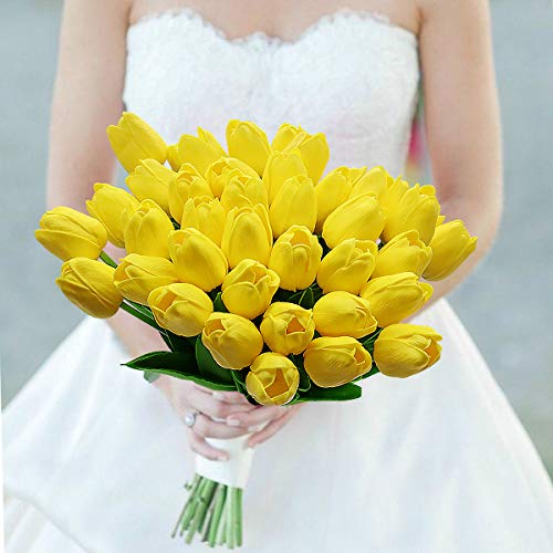 CattleyaHQ Flores de tulipán Artificiales, 10 Piezas de Tulipanes Reales con Hojas, decoración para Banquete de Boda Nupcial, Mesa de Cocina para el hogar (Amarillo)