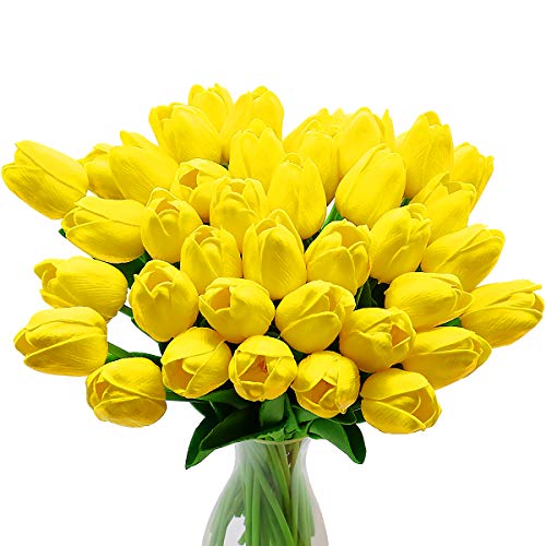 CattleyaHQ Flores de tulipán Artificiales, 10 Piezas de Tulipanes Reales con Hojas, decoración para Banquete de Boda Nupcial, Mesa de Cocina para el hogar (Amarillo)