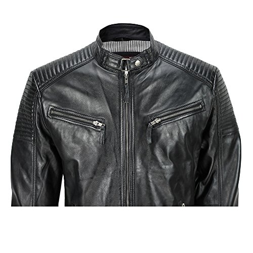 Cazadora de piel auténtica para hombre, encerada, estilo motero, aspecto retro, con cremallera Negro negro X-Large