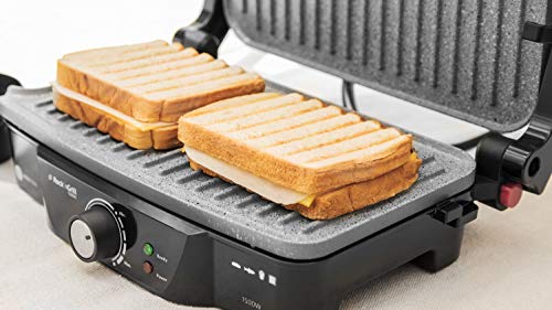 Cecotec Rock'n Grill 1500 - Parrilla Eléctrica, Revestimiento de Piedra Rockstone, Regulador de Temperatura, Apertura 180º, Superficie 28.7 x 17 cm, Inoxidable y Plástico, 1500 W, Acero y Negro