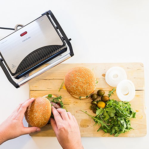 Cecotec Rock’nGrill - Parrilla Eléctrica, Revestimiento de Piedra RockStone, Máxima Antiadherencia y una Mejor Limpieza, Asa de Tacto Frío, Superficie 23 x 14.5 cm, 700 W, Acero y Negro