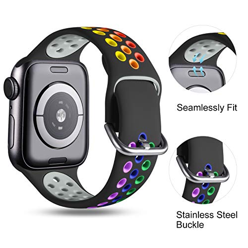 CeMiKa Correa Compatible con Apple Watch Correa 38mm 40mm 42mm 44mm, Suave Silicona Deporte Correa con Compatible con Apple Watch SE/iWatch Series 6 5 4 3 2 1, 42mm/44mm-M/L, Negro/Colorido