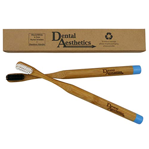 Cepillo de Dientes de Bambú Ortodóntico ~ Adulto Adornos en V Cerdas en blanco y negro Respetuoso del medio ambiente Biodegradable para Limpieza Aparatos Ortopédicos (Conjunto de 2)