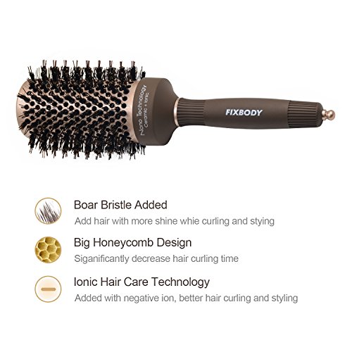 Cepillo de pelo redondo del barril de FIXBODY con las cerdas del jabalí, capa de cerámica termal nano y tecnología iónica para el pelo que labra y agrega el brillo (84mm barril 53mm)