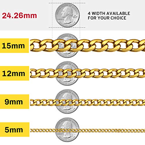 ChainsHouse Cadena de Oro Cubana Collar de Acero Inoxidable Cadena Rap Hip Hop Rock 12mm Ancho 61cm Largo Gratis Caja de Regalo