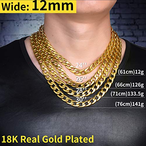 ChainsHouse Cadena de Oro Cubana Collar de Acero Inoxidable Cadena Rap Hip Hop Rock 12mm Ancho 61cm Largo Gratis Caja de Regalo