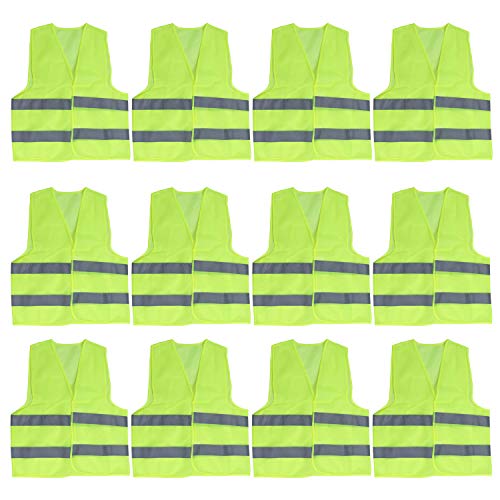 Chaleco Alta Visibilidad (Pack de 12) - Grande (54x67cm) Chaleco Seguridad Amarillo con Tiras Grises Reflectantes para Correr, Ciclismo, Agente de Tránsito, Seguridad, Hombres y Mujeres, Policía