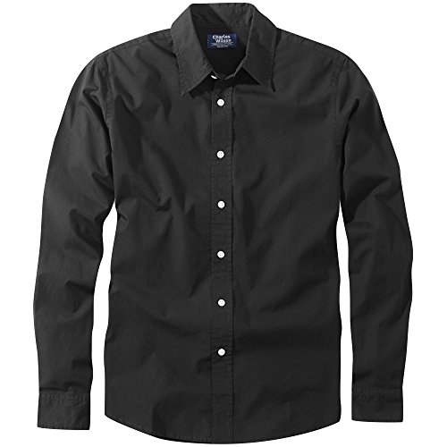 Charles Wilson Camisa Manga Larga Popelina Lisa para Hombre (Large, Plain Black)