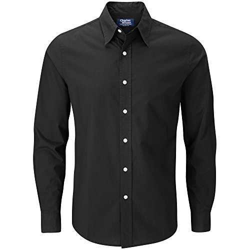 Charles Wilson Camisa Manga Larga Popelina Lisa para Hombre (Large, Plain Black)