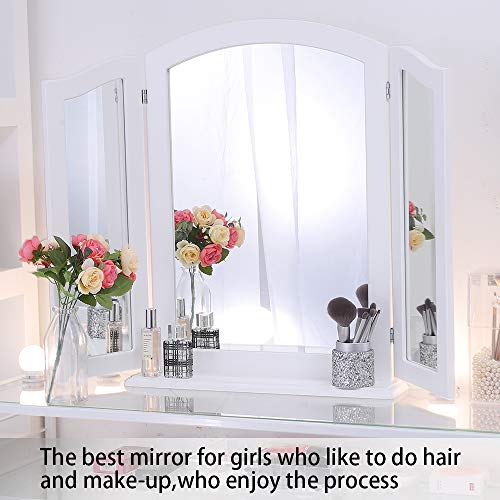 Chende Espejo Triple con Base Desmontable, 3 Piezas Plegable para tocador, Espejo para el tocador, Sobremesa o montado en la Pared (Blanco)