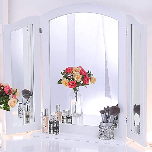 Chende Espejo Triple con Base Desmontable, 3 Piezas Plegable para tocador, Espejo para el tocador, Sobremesa o montado en la Pared (Blanco)