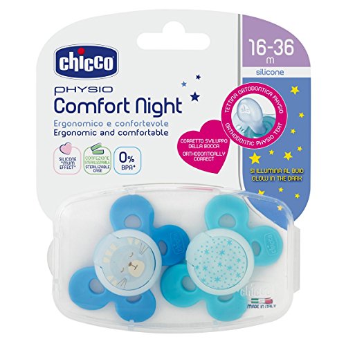 Chicco Physio Comfort - Pack de 2 chupetes de silicona 16-36 m, color azul (diseños surtidos)