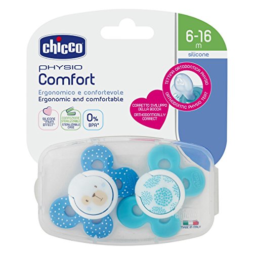 Chicco Physio Comfort - Pack de 2 chupetes de silicona 6-16 m, color azul (diseños surtidos)