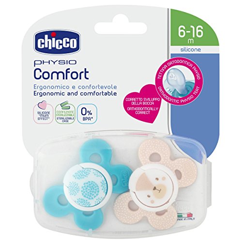 Chicco Physio Comfort - Pack de 2 chupetes de silicona 6-16 m, color azul (diseños surtidos)