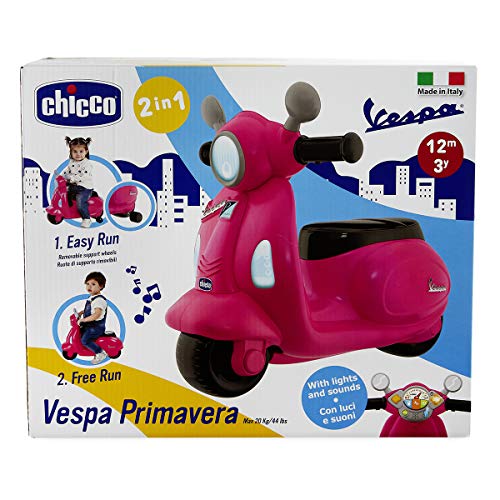 Chicco Vespa Primavera - Correpasillos Moto con Volante Interactivo electrónico, con o sin ruedines, Color Rosa