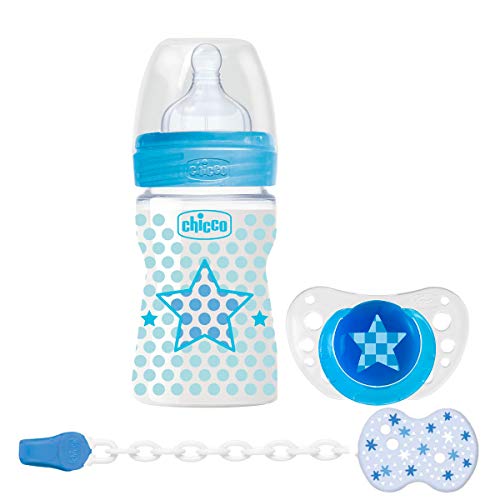 Chicco Wellbeing - Set de regalo con biberón, chupete y clip de silicona, color azul